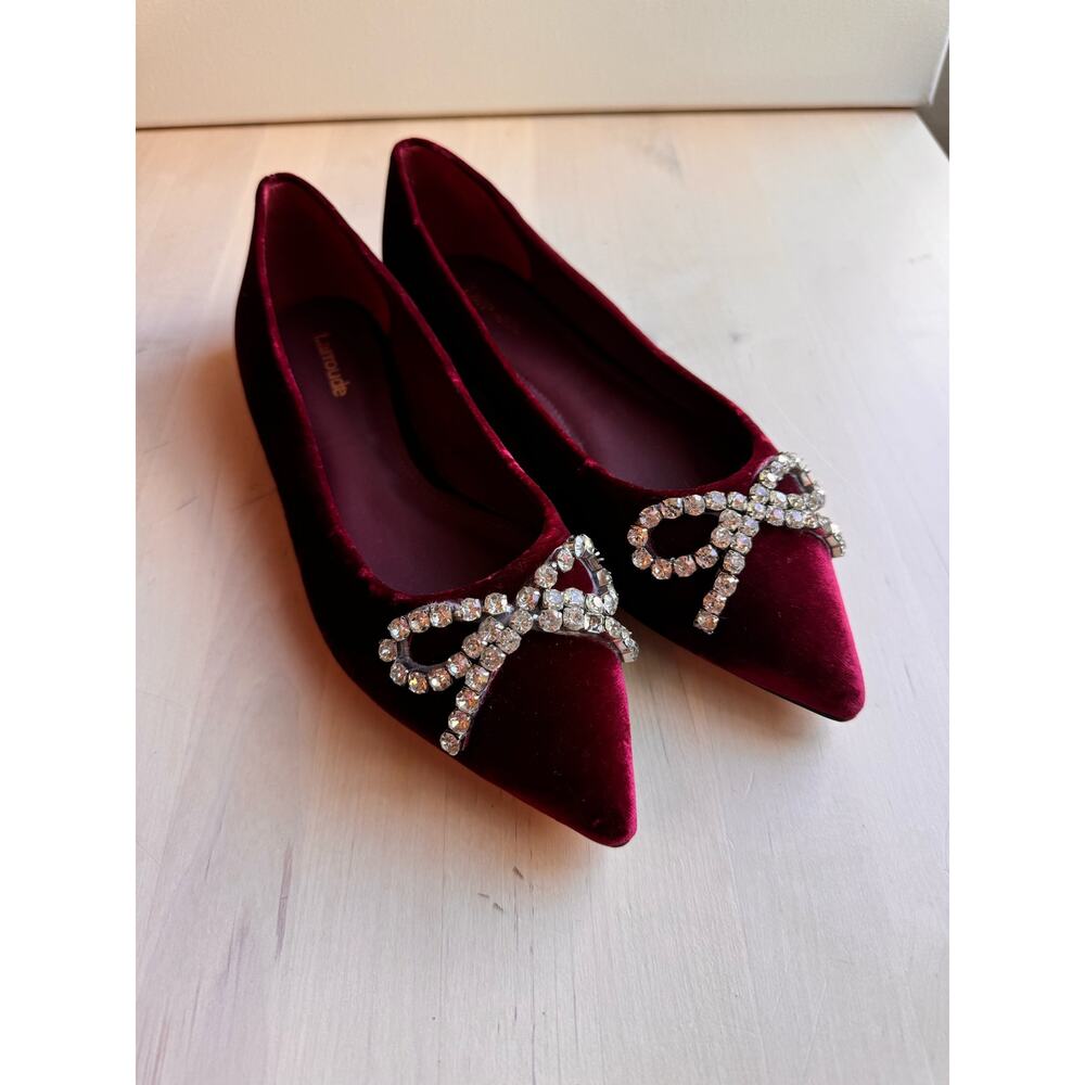 Larroudé Lee Crystal-Embellished red Bow Velvet Ballet Flats size 6.5 - Picture 3 of 11
